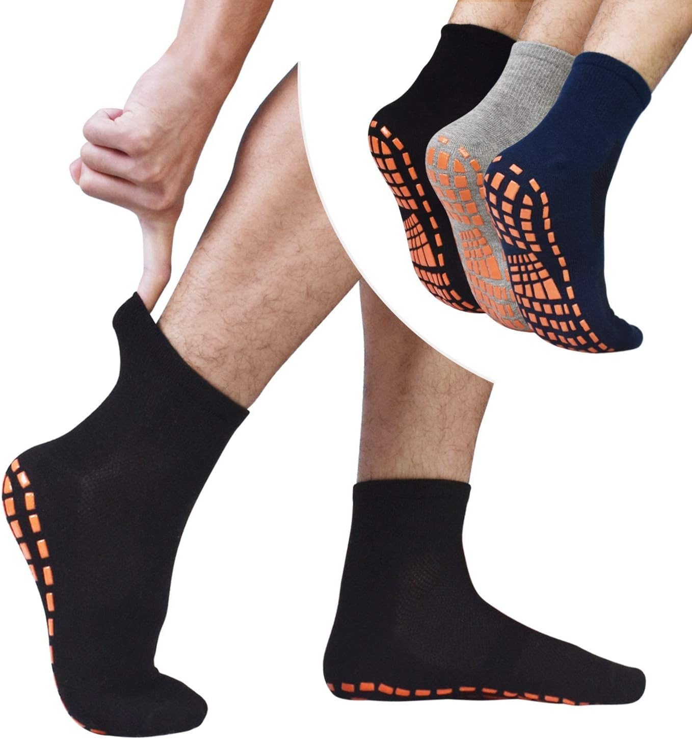 Non Slip Men's Gripper Socks 3 Pairs - Anti-Skid for Yoga/Pilates/Hospital