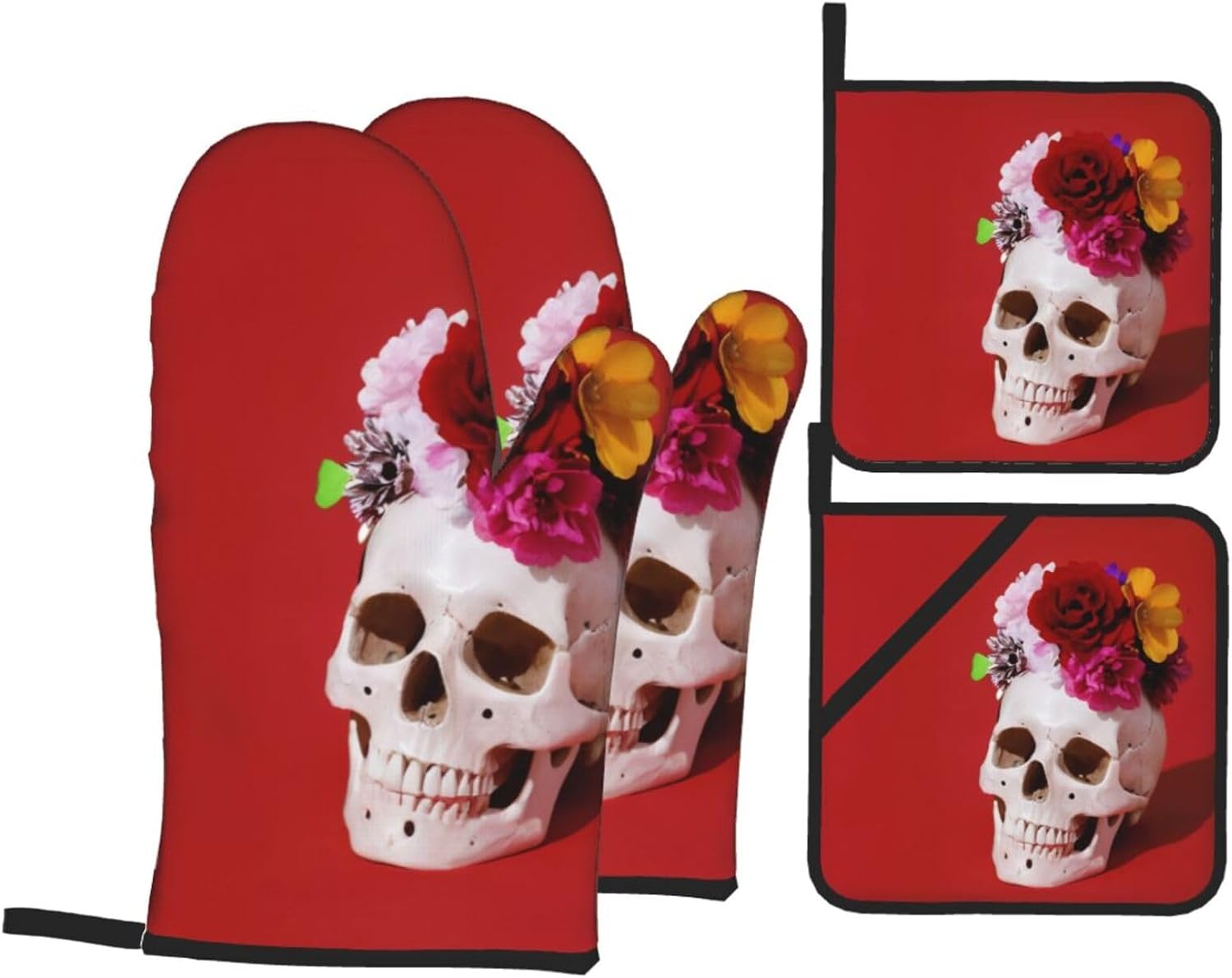 Cute Floral Skull Oven Mitts Set - Heat Resistant