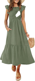 Women's Nursing Dress Flutter Sleeve Tiered Midi with Pockets - Easy