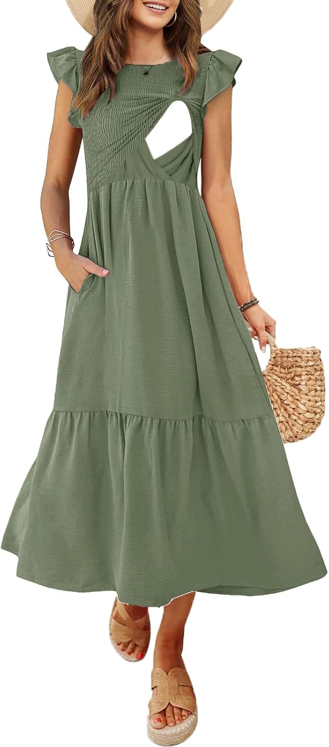 Women's Nursing Dress with Flutter Sleeves and Pockets