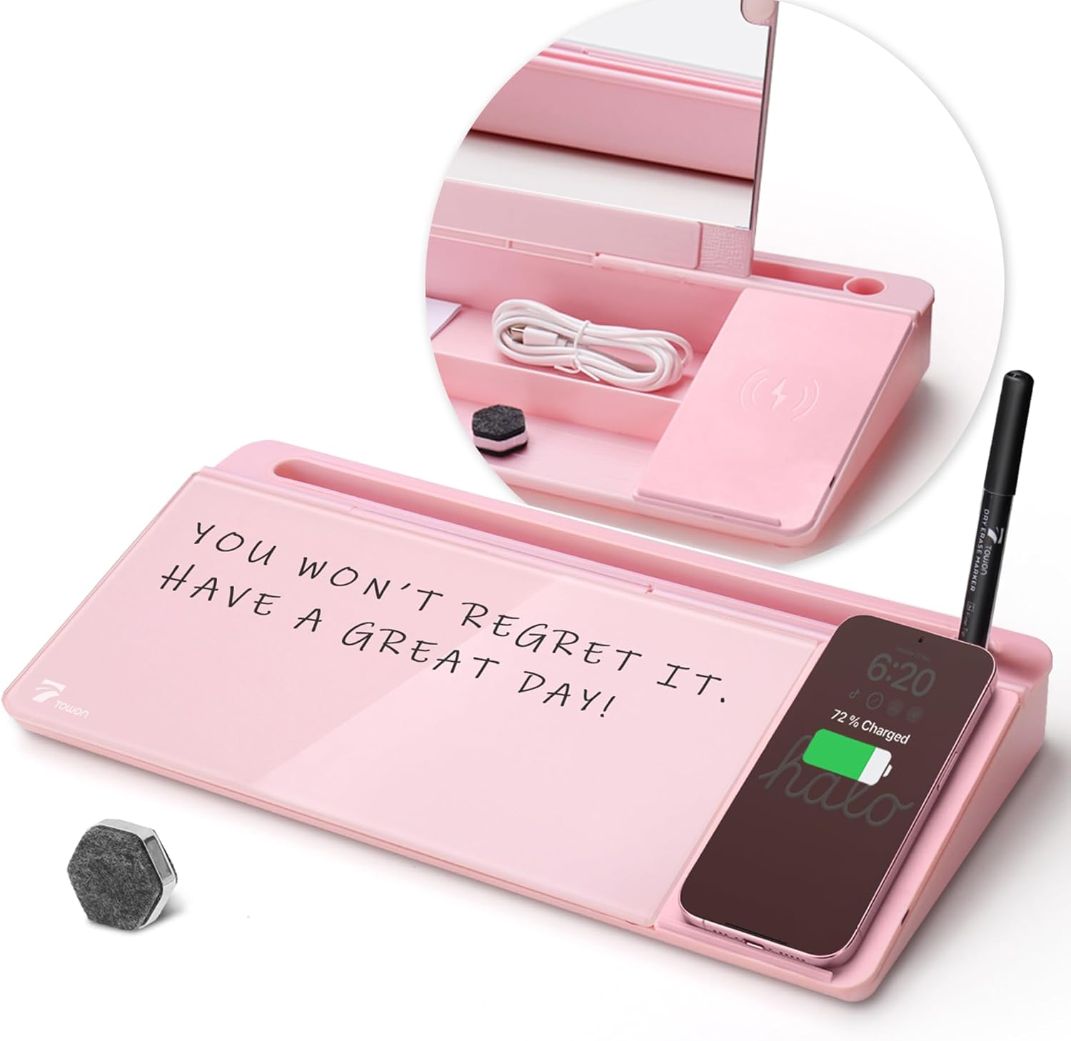 TOWON Desktop Glass Whiteboard with Charger Pad for Desk