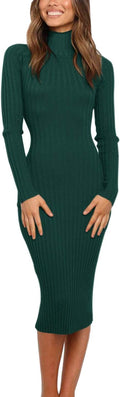 Ribbed Long Sleeve Sweater Dress Midi - Slim Fit Knit Women's