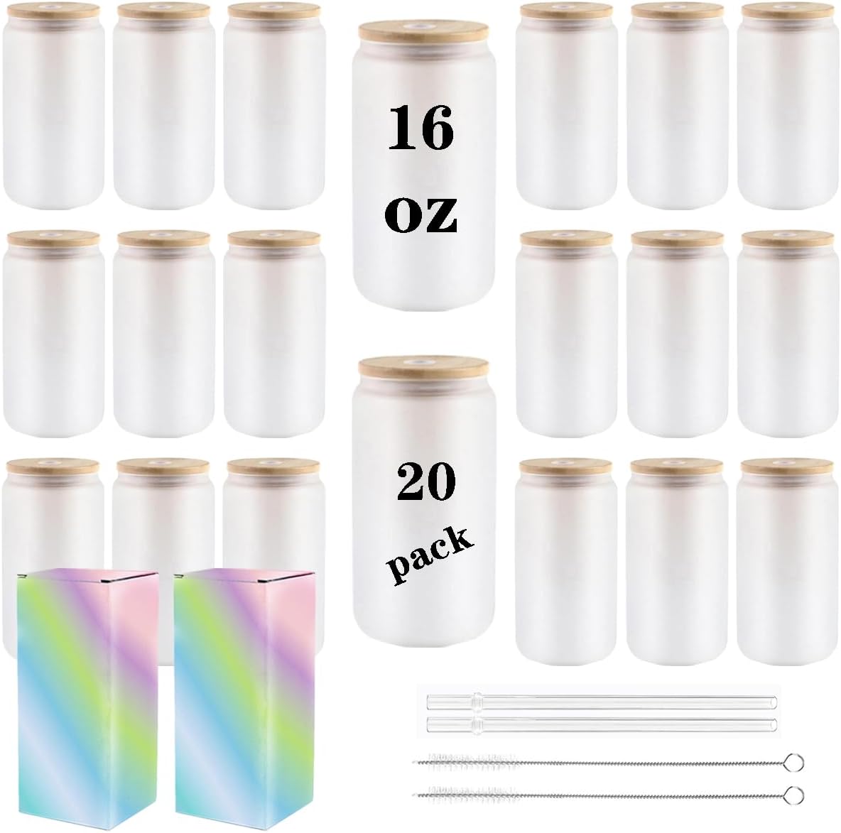 Frosted Sublimation Glass Cups With Bamboo Lid 16oz Tumblers