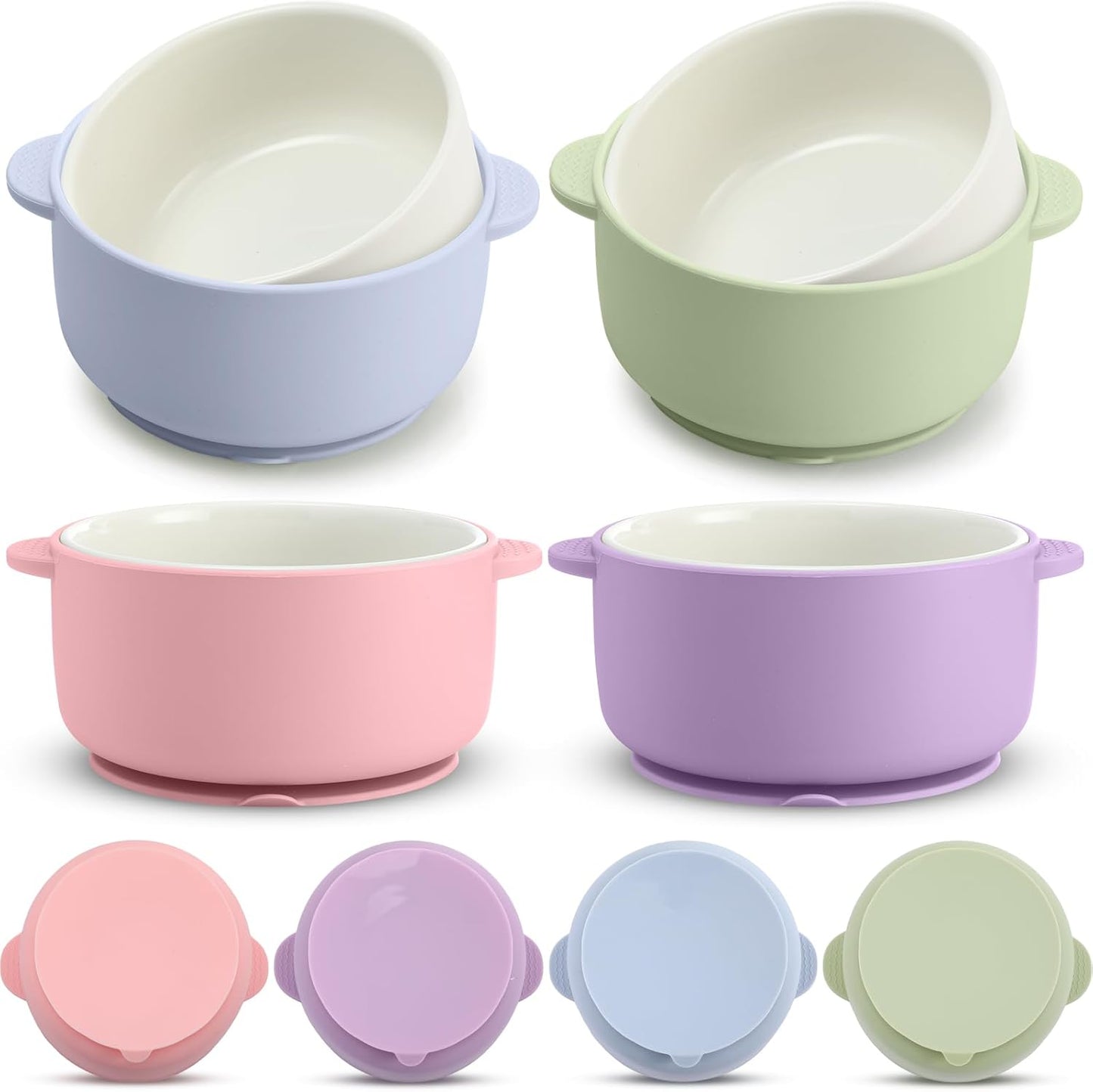Domensi 4 Sets Kids Porcelain Bowls with Suction Sleeves
