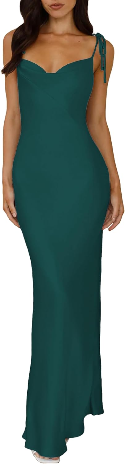 Elegant Satin Cowl Neck Spaghetti Strap Maxi Dress for Women