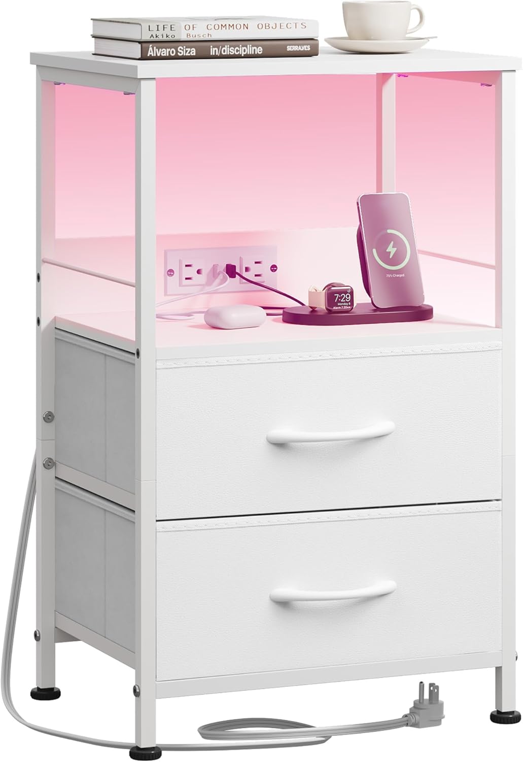 WLIVE White Night Stand with Charging Station and LED Lights
