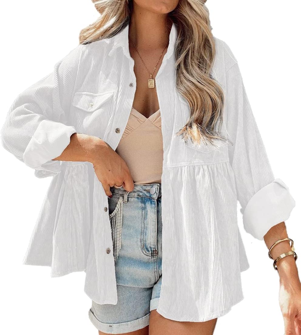 Womens Corduroy Peplum Shirts Tops Cute Long Sleeve Blouses