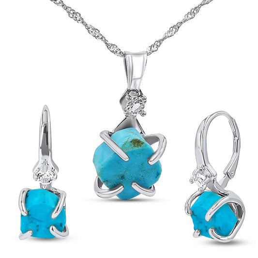 Real Raw Turquoise Drop Earrings and Necklace Set for Her Gift