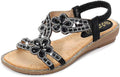 Women's T-Strap Beaded Flower Rhinestone Flat Sandals - Comfortable