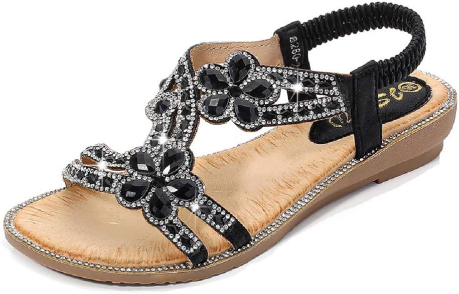 Women's T-Strap Beaded Flower Rhinestone Flat Sandals for Summer