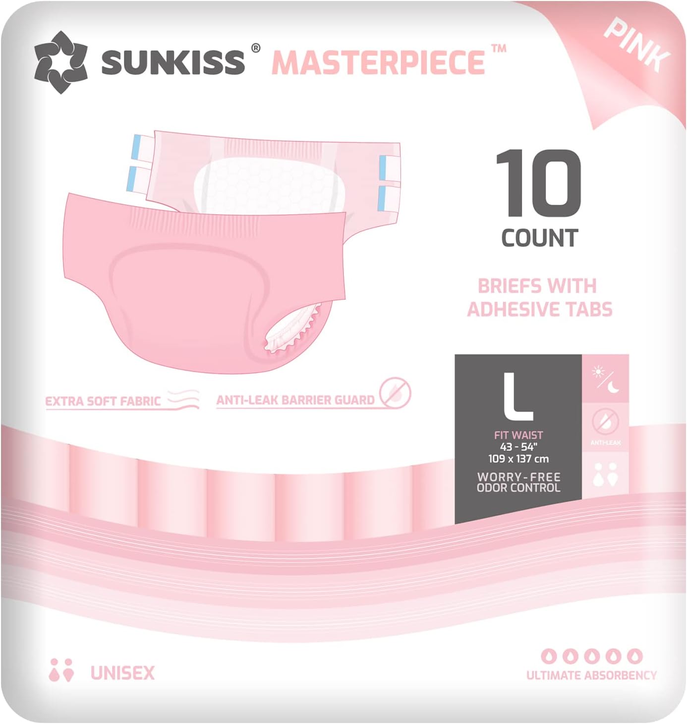 SUNKISS Odor Control Adult Diapers - Large, 10 Count