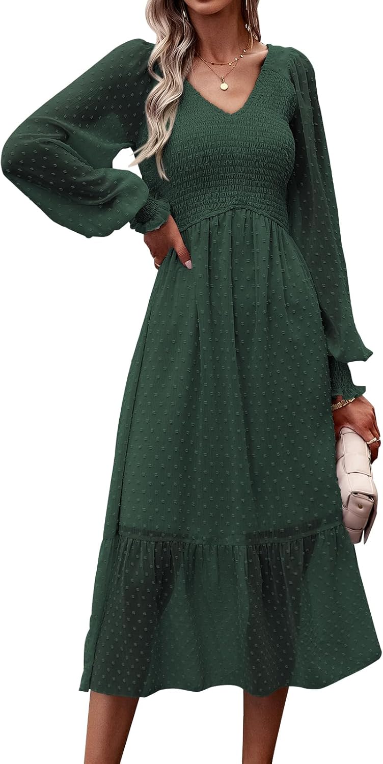 PRETTYGARDEN Women's Long Sleeve V Neck Swiss Dot Midi Dress