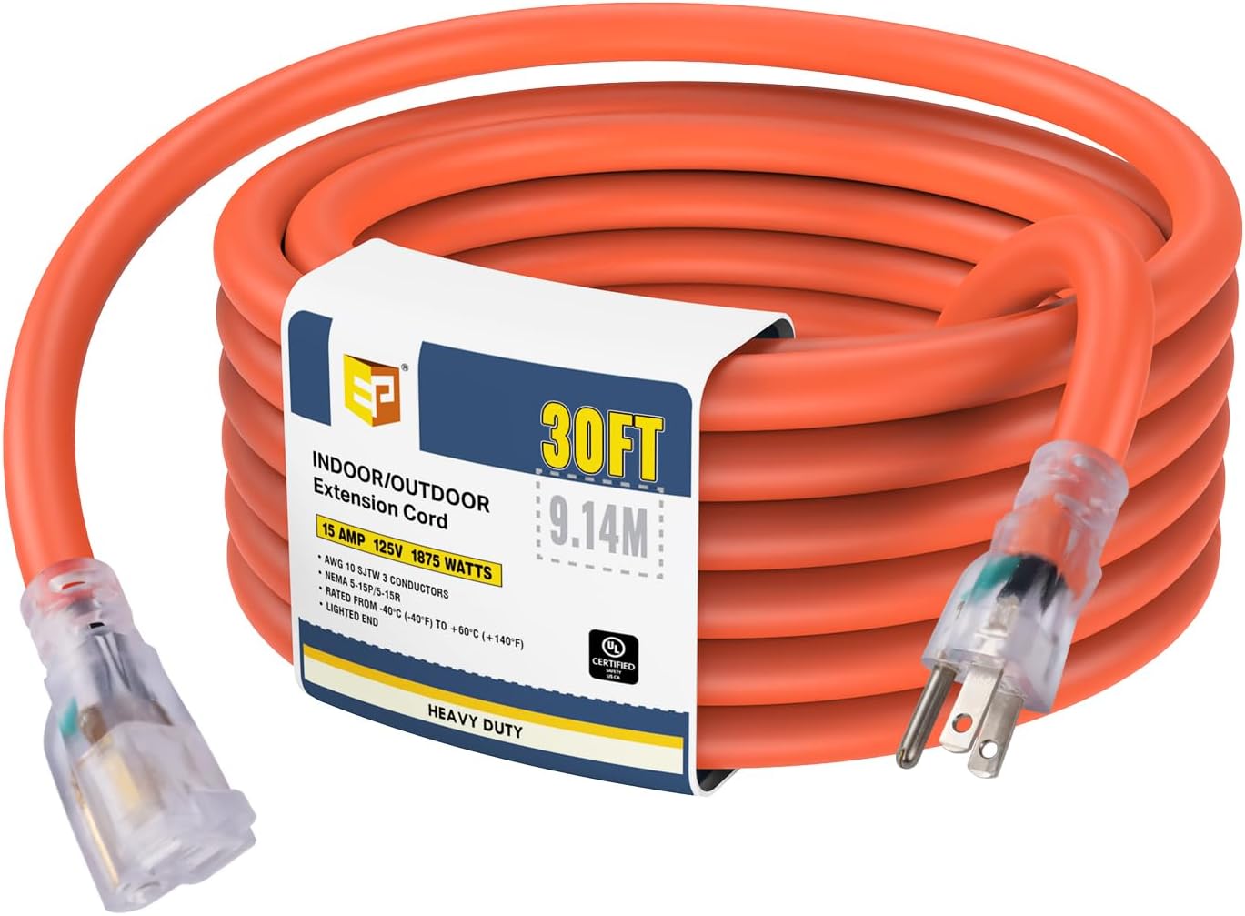 EP 30 Ft Lighted Outdoor Extension Cord for Heavy Duty Use