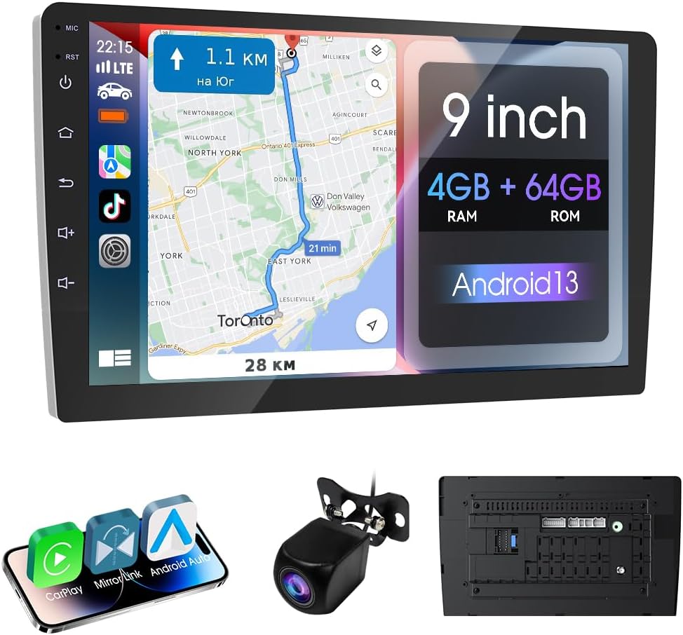 9in Wireless Double Din Car Stereo with Apple Carplay & Android Auto