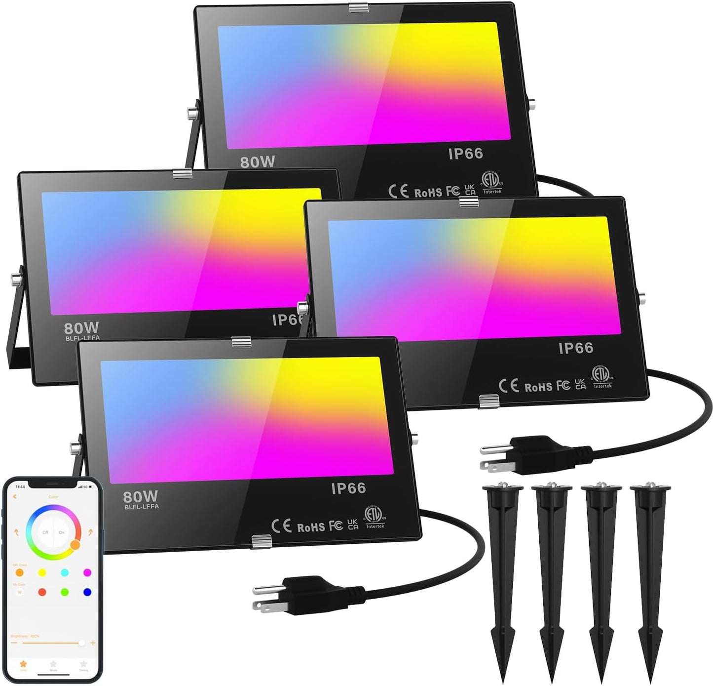 Smart Flood Lights Outdoor RGB Color Changing 80W IP66 Waterproof