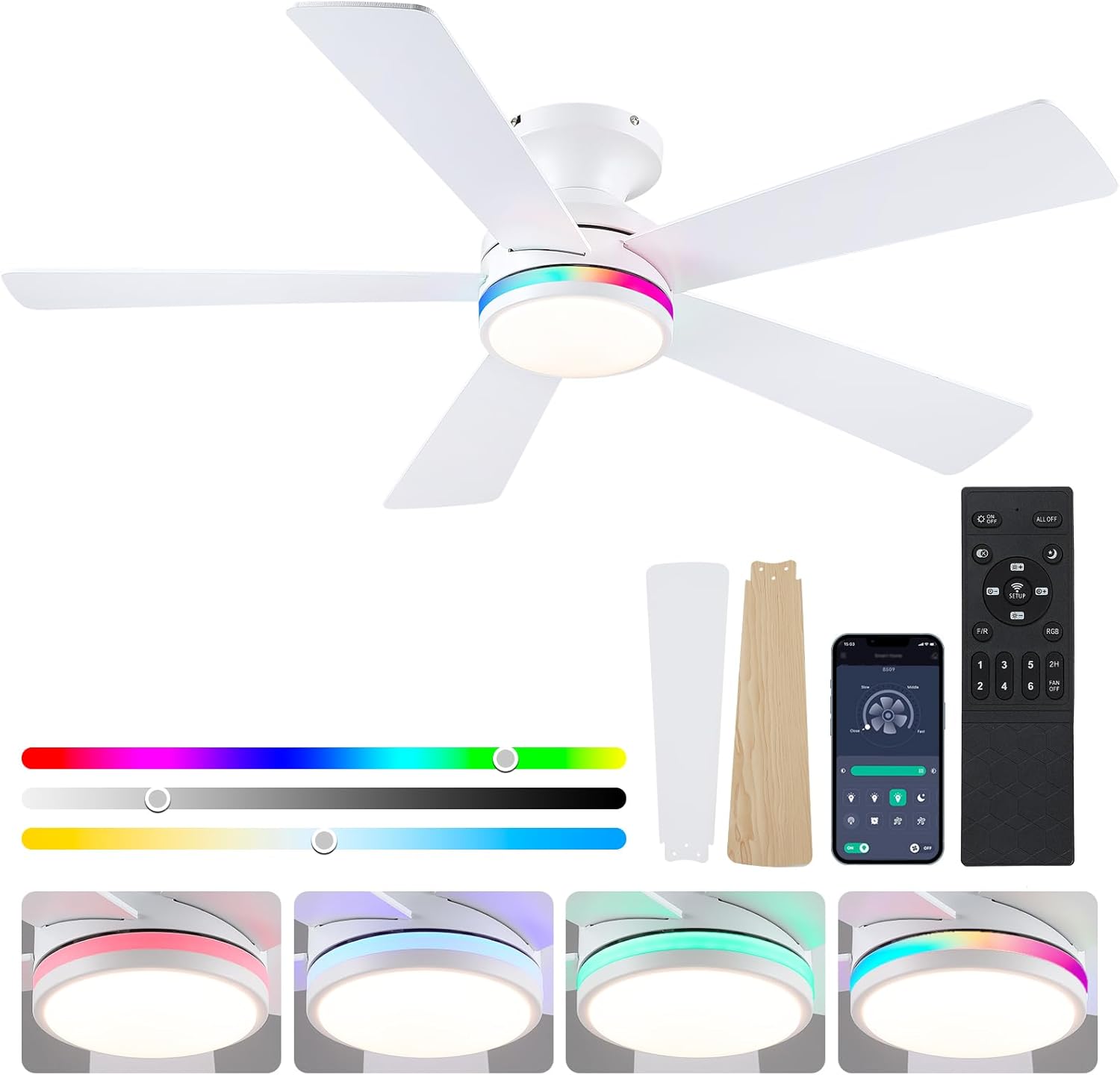 46in Flush Mount RGB Ceiling Fan with Lights for Modern Spaces