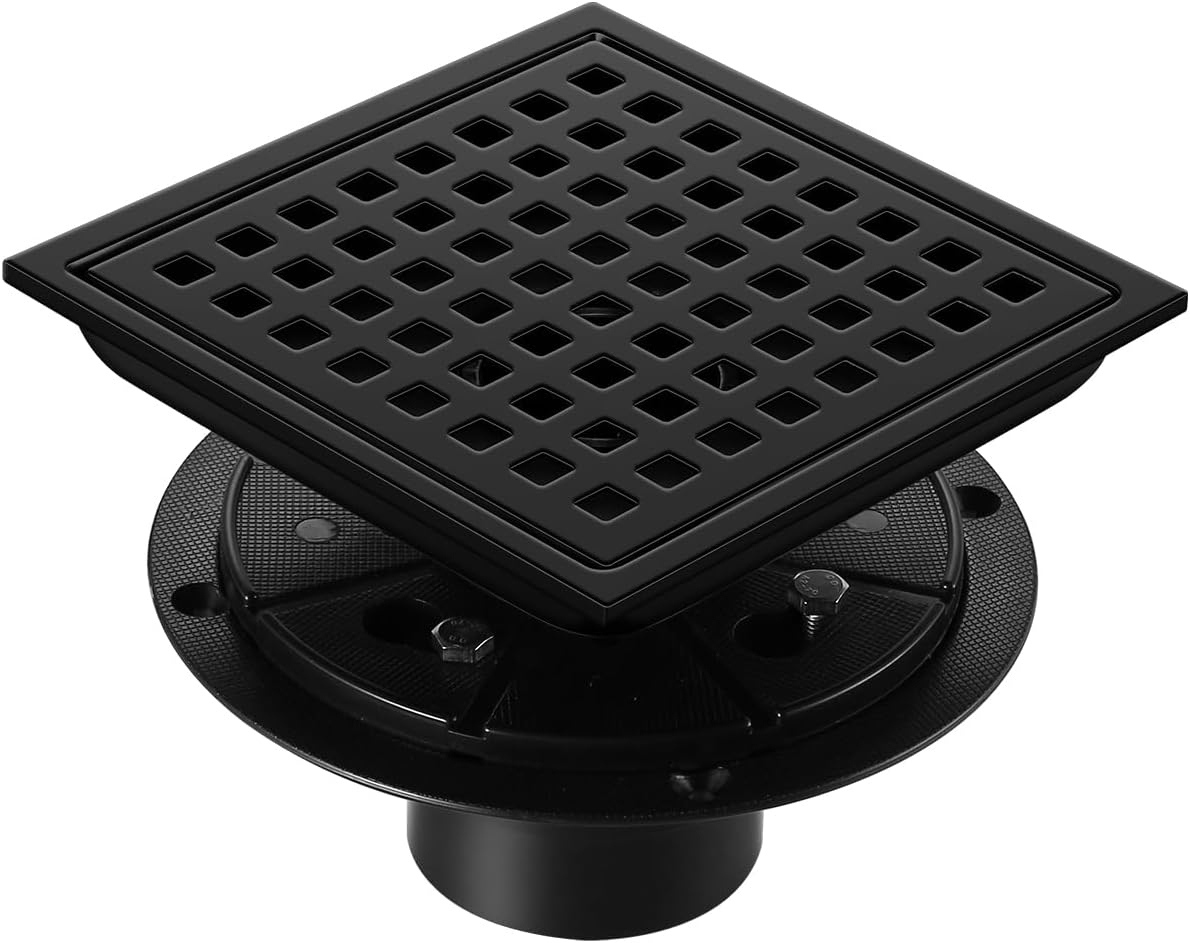 Square Shower Drain, Matte Black 6 inch Stainless Steel Drain