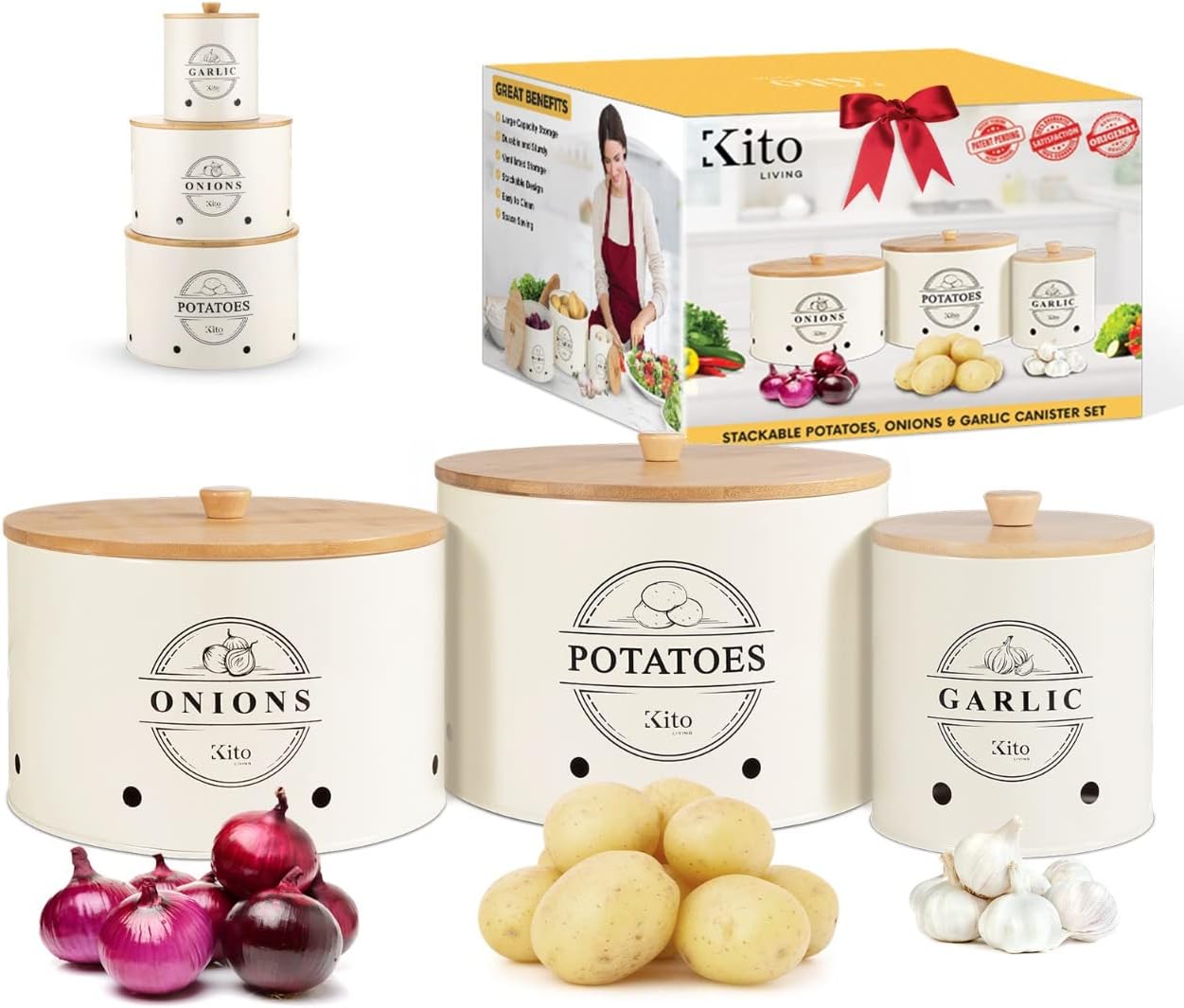 Canister Sets for Kitchen Counter with Bamboo Lids - Cream