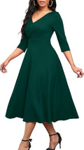 Women's Wrap Flared Midi Dress V-Neck 3/4 Sleeve - Versatile Fit