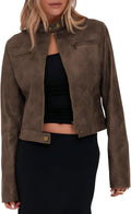 Womens Faux Leather Cropped Jacket - Vintage Moto Short Coat