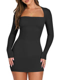 ANRABESS Women Long Sleeve Square Neck Bodycon Short Dress - Sleek Fit