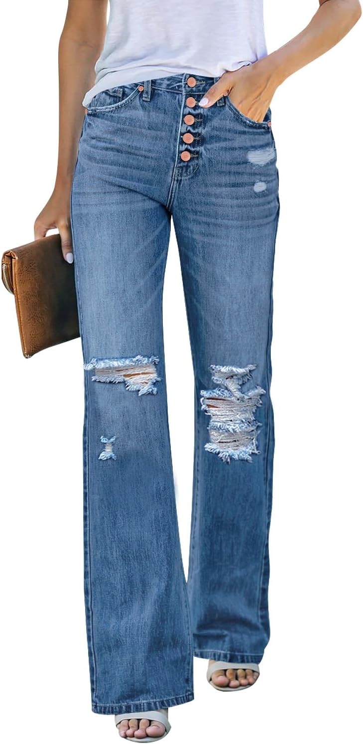 High Waisted Ripped Flare Jeans for Women - Distressed Style