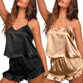 Satin Pajama Set for Women Silk PJs Camisole Top and Ruffle Shorts