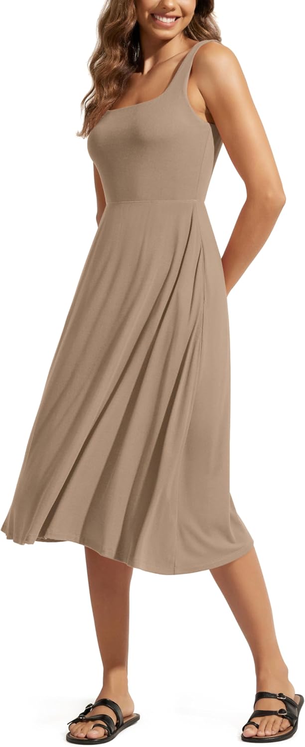 ODODOS Square Neck Midi Dress with Pockets for Women