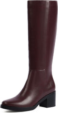 Knee High Boots for Women 2.56 in Chunky Heel Round Toe Burgundy