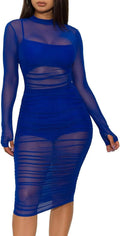 Women 3 Piece Mesh See-Through Ruched Bodycon Midi Dress - Sexy