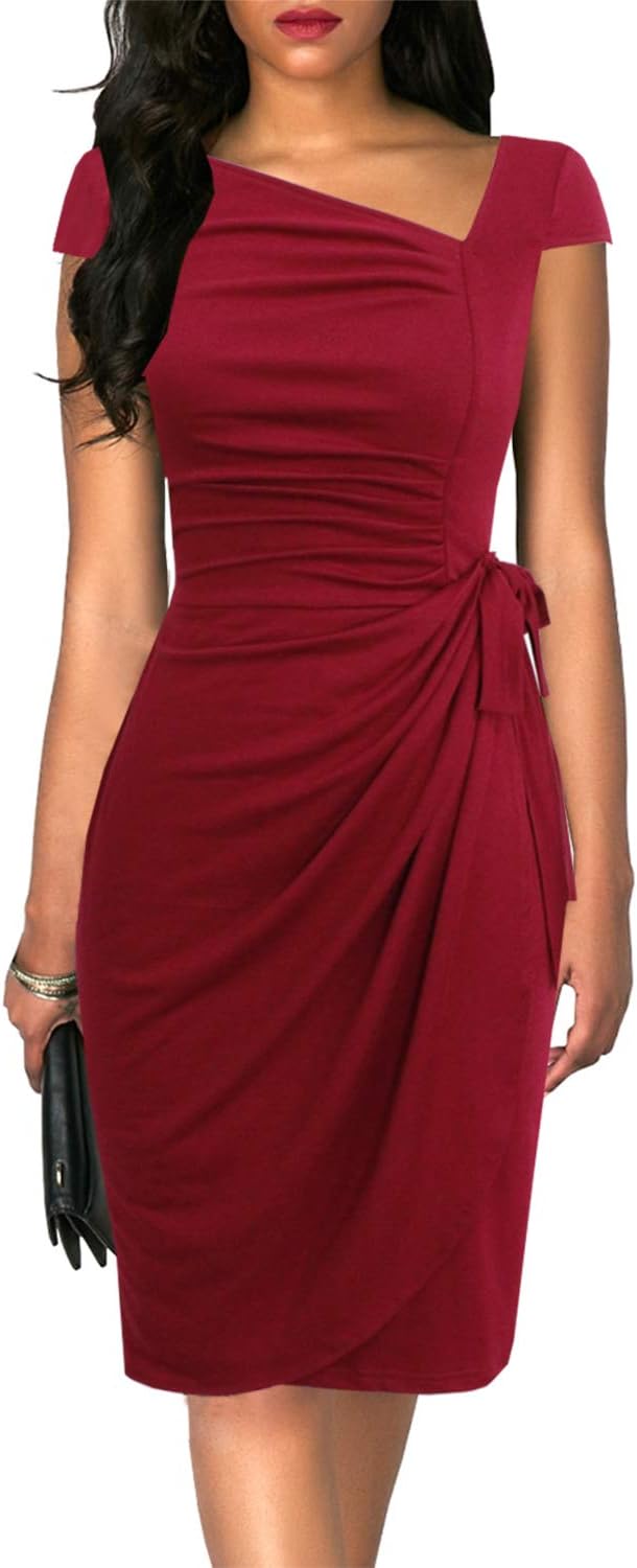 Vintage Cap Sleeve Asymmetrical Neckline Bodycon Dress for Women