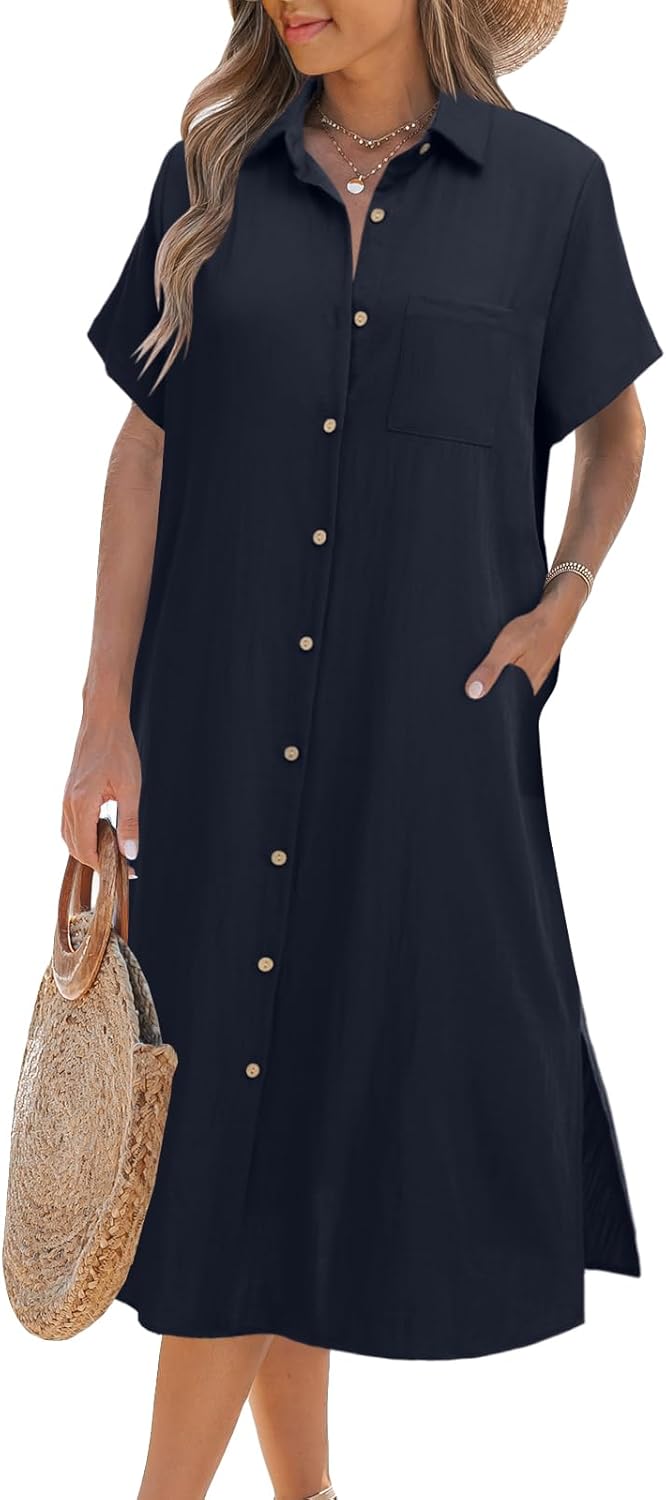 Zeagoo Women Summer Casual Short Sleeve Button Down Dress