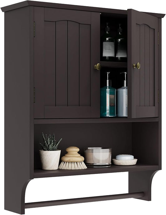 Smuxee Brown Wall Cabinet with Towel Bar for Organized Storage