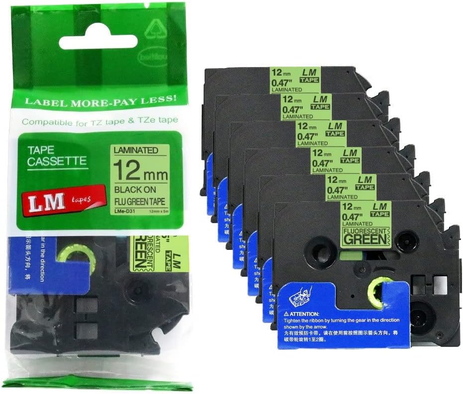 6 Pack of Compatible TZe-D31 Black on Fluorescent Green Tape