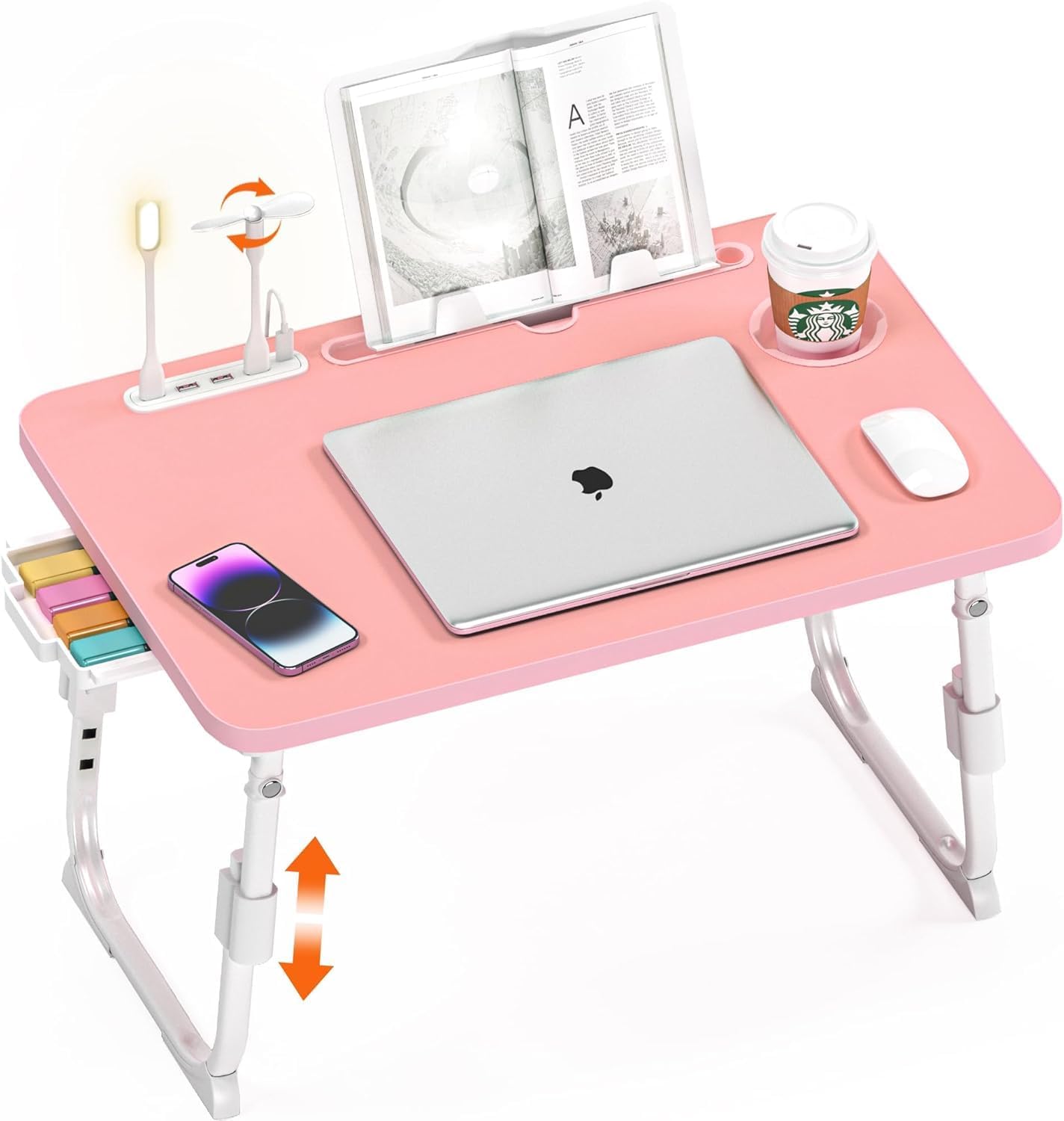 Height Adjustable Bed Desk with USB and Storage Drawer for Comfort