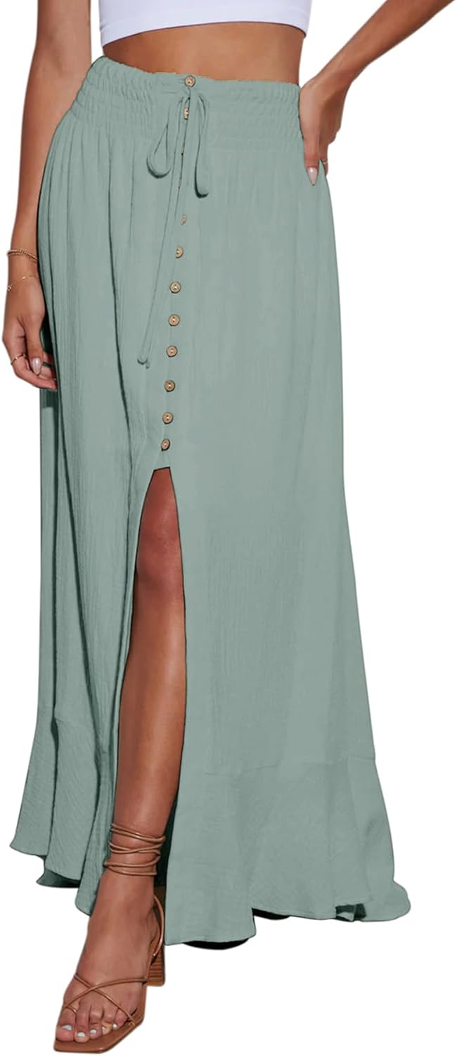 Minclouse Women's Elastic Tie Waist Maxi Skirt for Summer Style