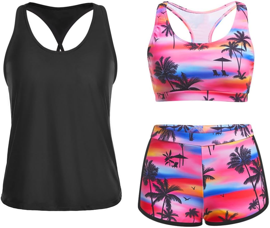 Yonique 3 Piece Athletic Tankini Swimsuits for Women with Shorts