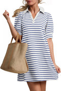 Women's Striped Mini Dress Lapel V Neck - Flowy A Line Casual