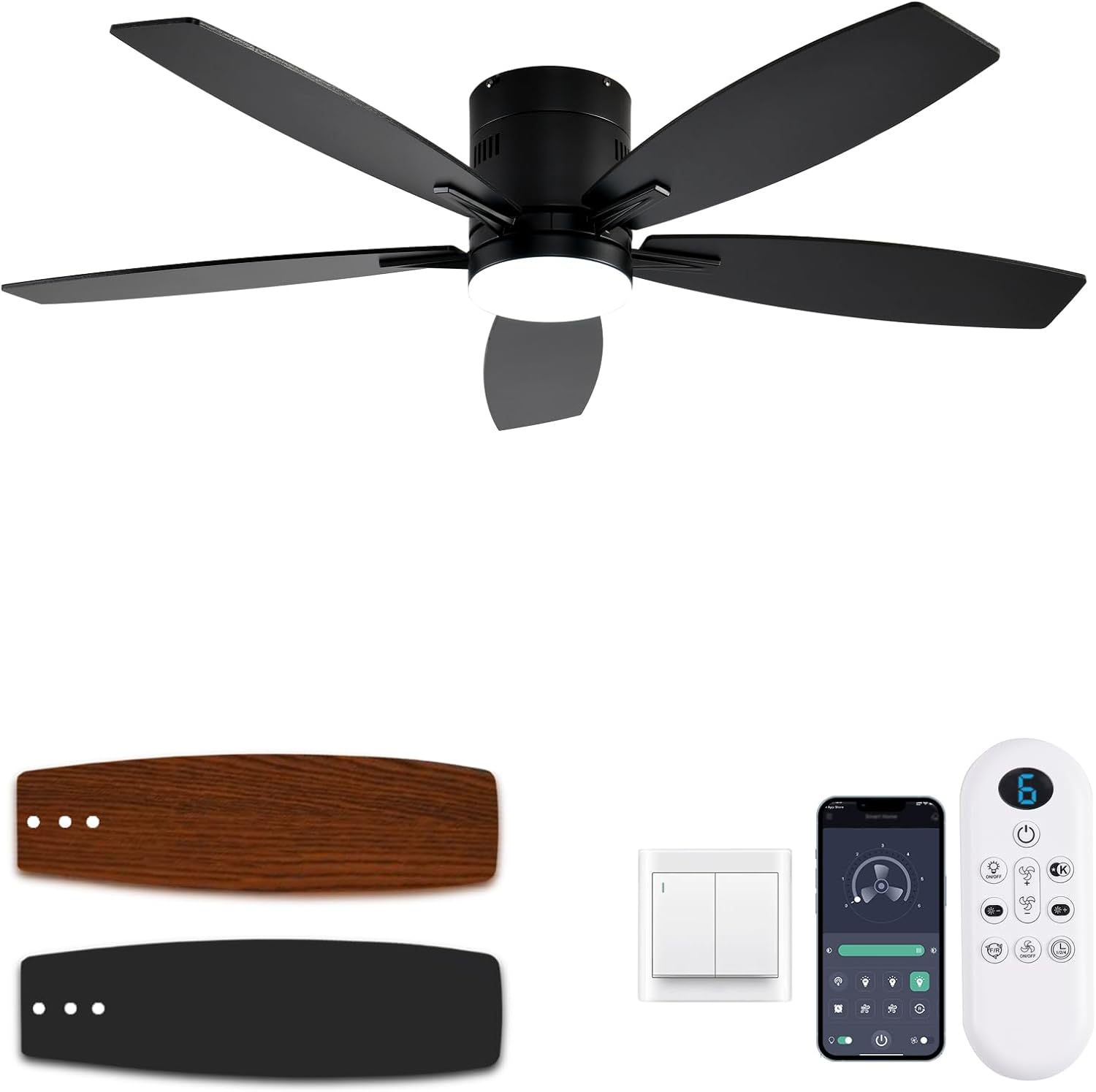 52 Inch Flush Mount Ceiling Fan with Light and Remote Control