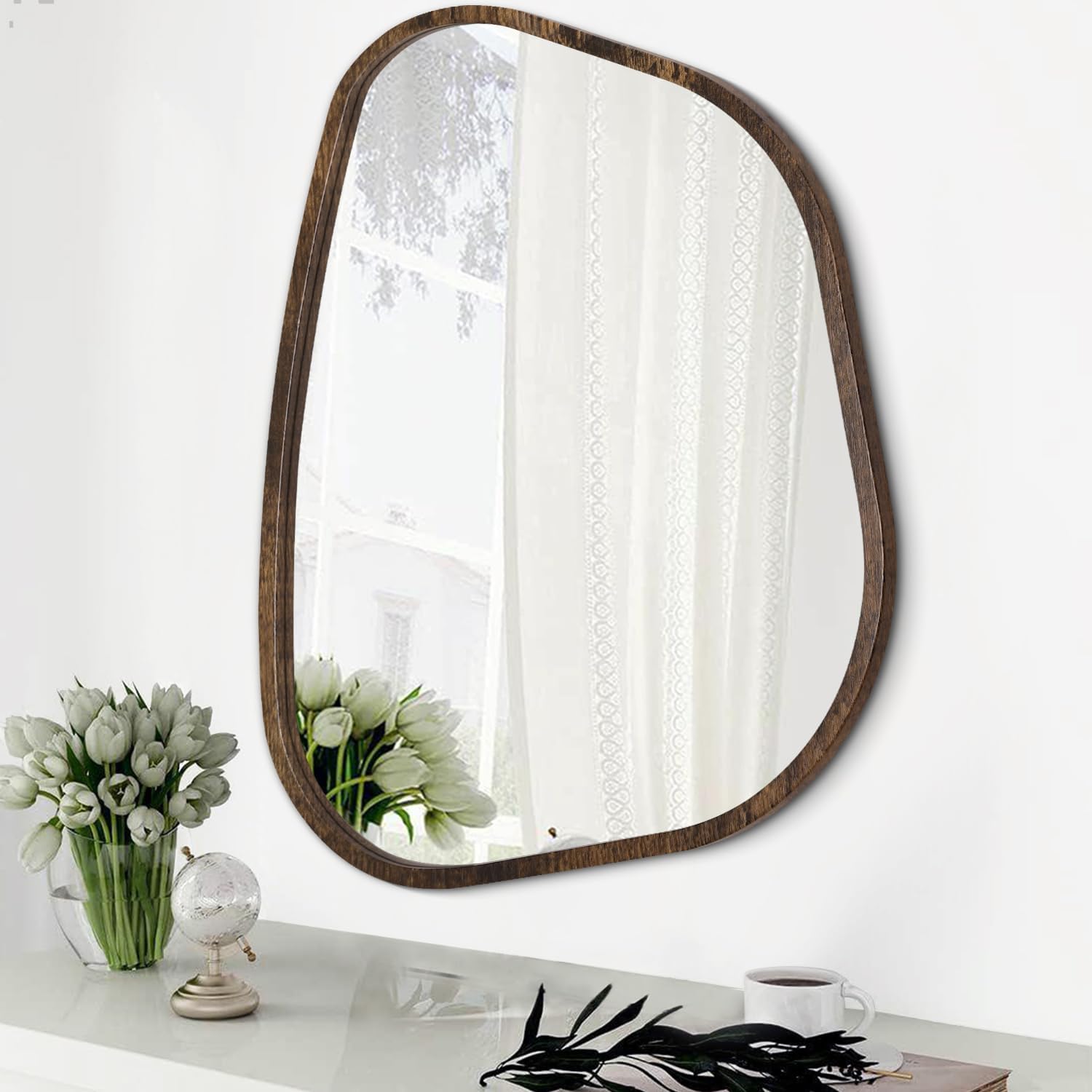 Asymmetrical Oval Wall Mirror with Unique Wood Frame Design