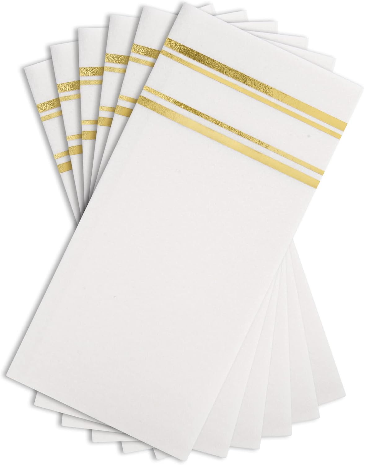 Luxury Disposable Dinner Napkins - Shiny Gold on White, Linen-like Feel - 50 Pack (8.5 x 4)