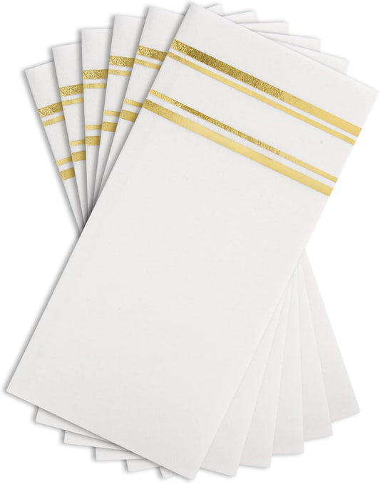Luxury Disposable Dinner Napkins - Shiny Gold on White, Linen-like Feel - 50 Pack (8.5 x 4)