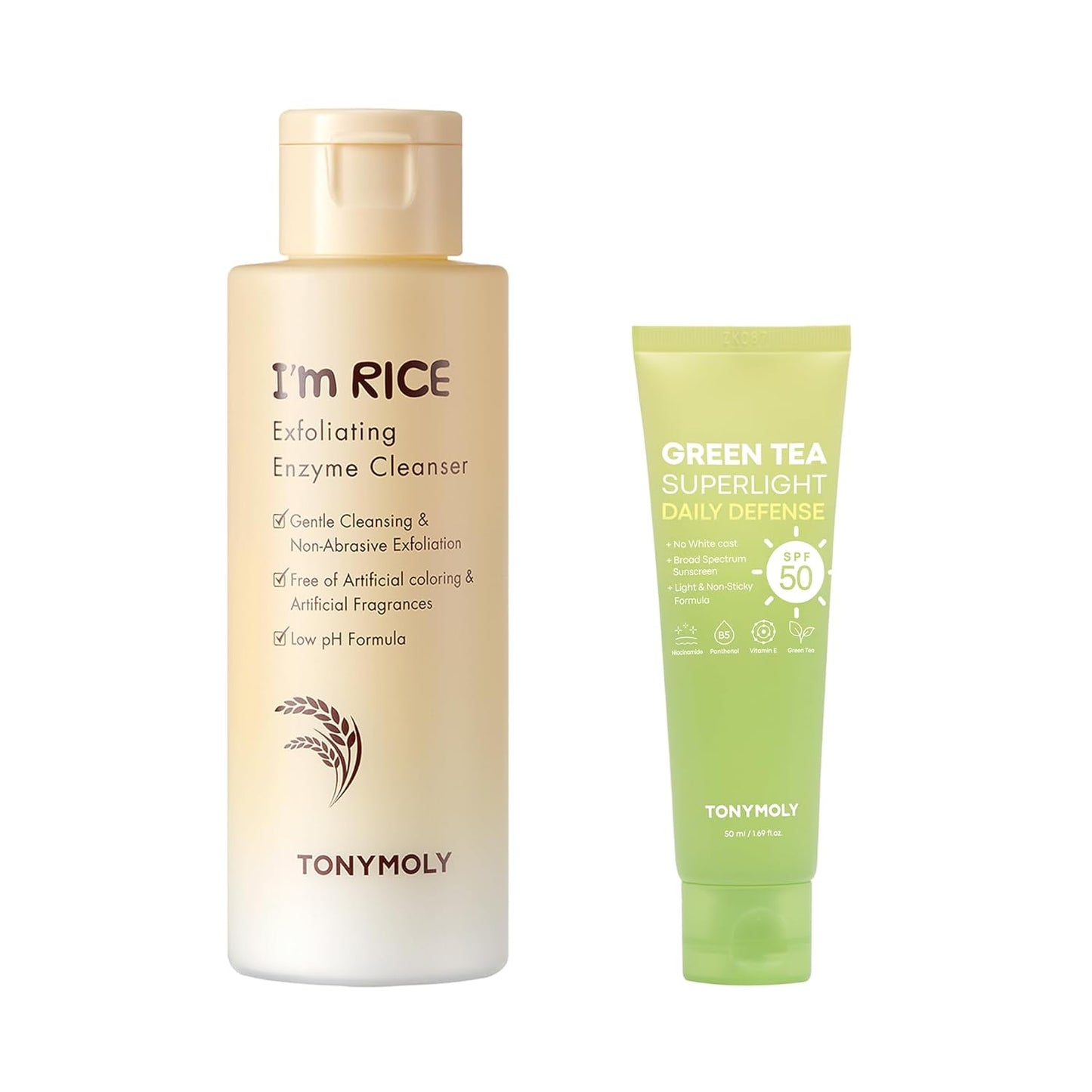 TONYMOLY Green Tea SPF 50 Sunscreen & Rice Exfoliating Cleanser