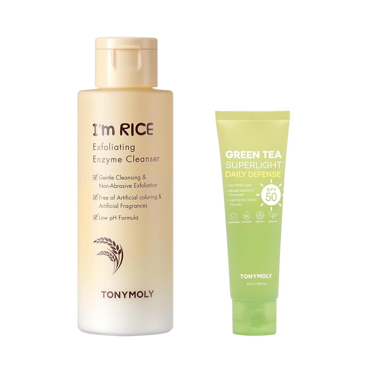 TONYMOLY Green Tea SPF 50 Sunscreen & Rice Exfoliating Cleanser