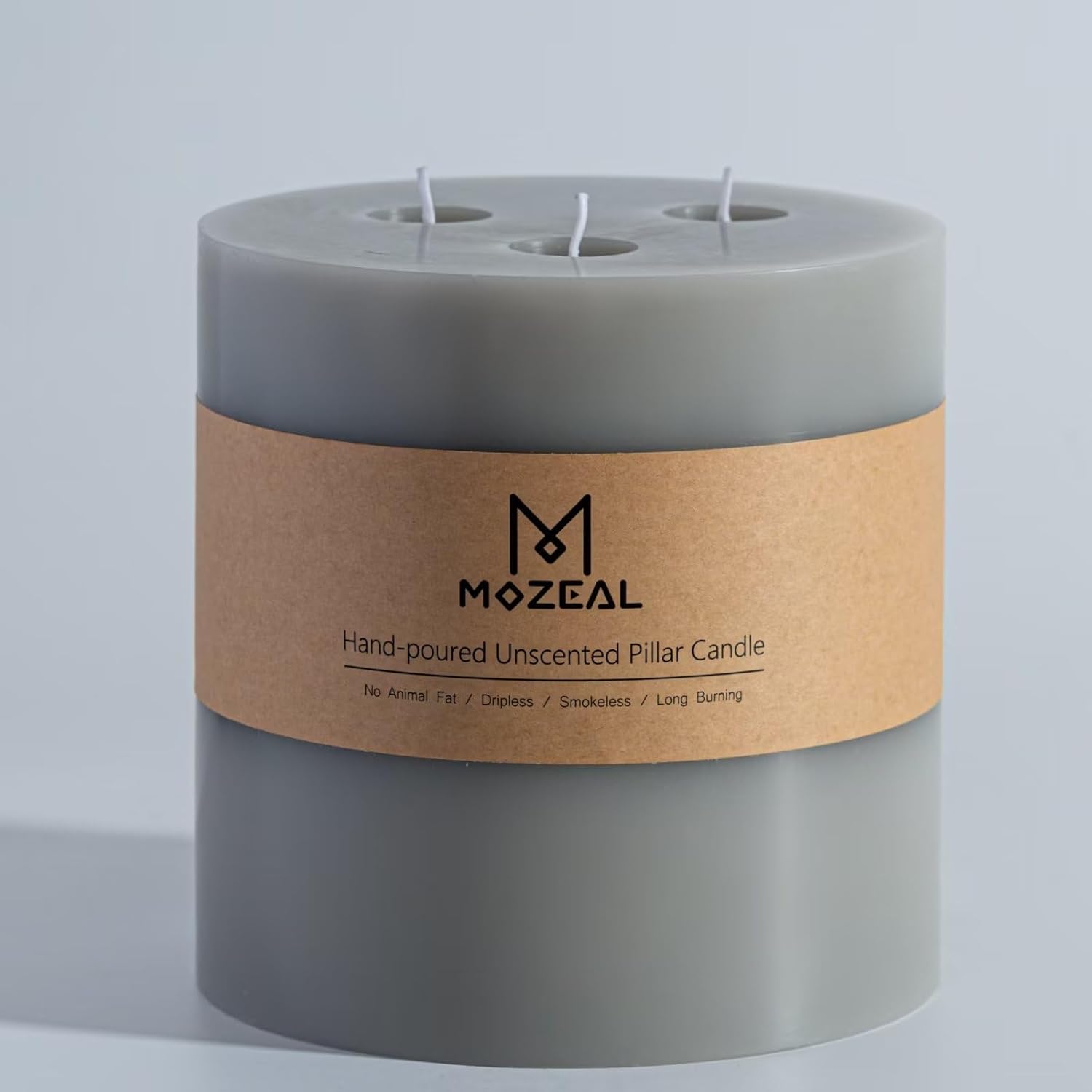 MOZEAL Extra Large 3 Wick Gray Pillar Candle for Home Decor