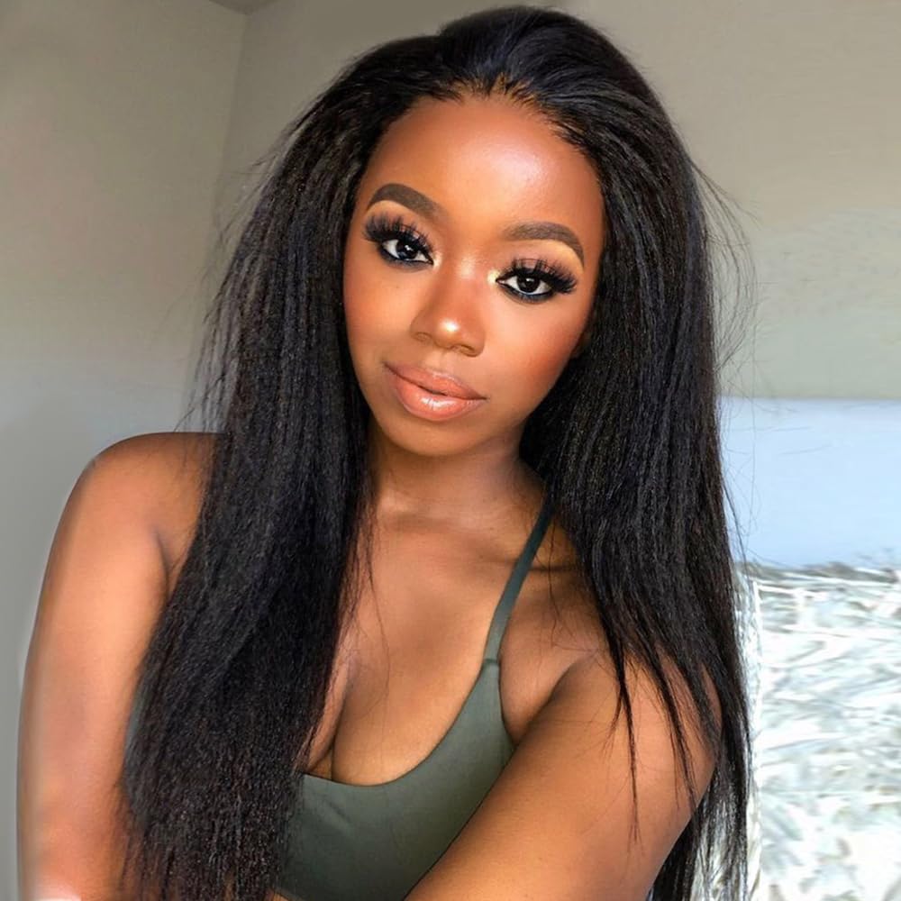 Kinky Straight Half Wig Human Hair 200 Density for Beginners