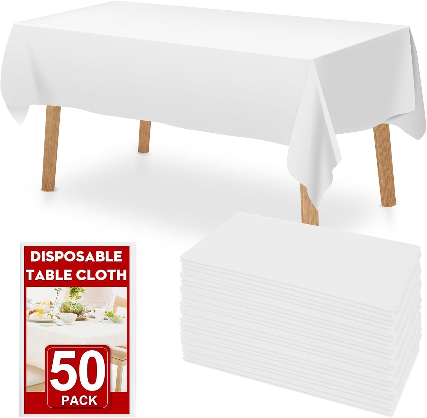 50 Pack White Plastic Table Cloths for Easy Cleanup and Style