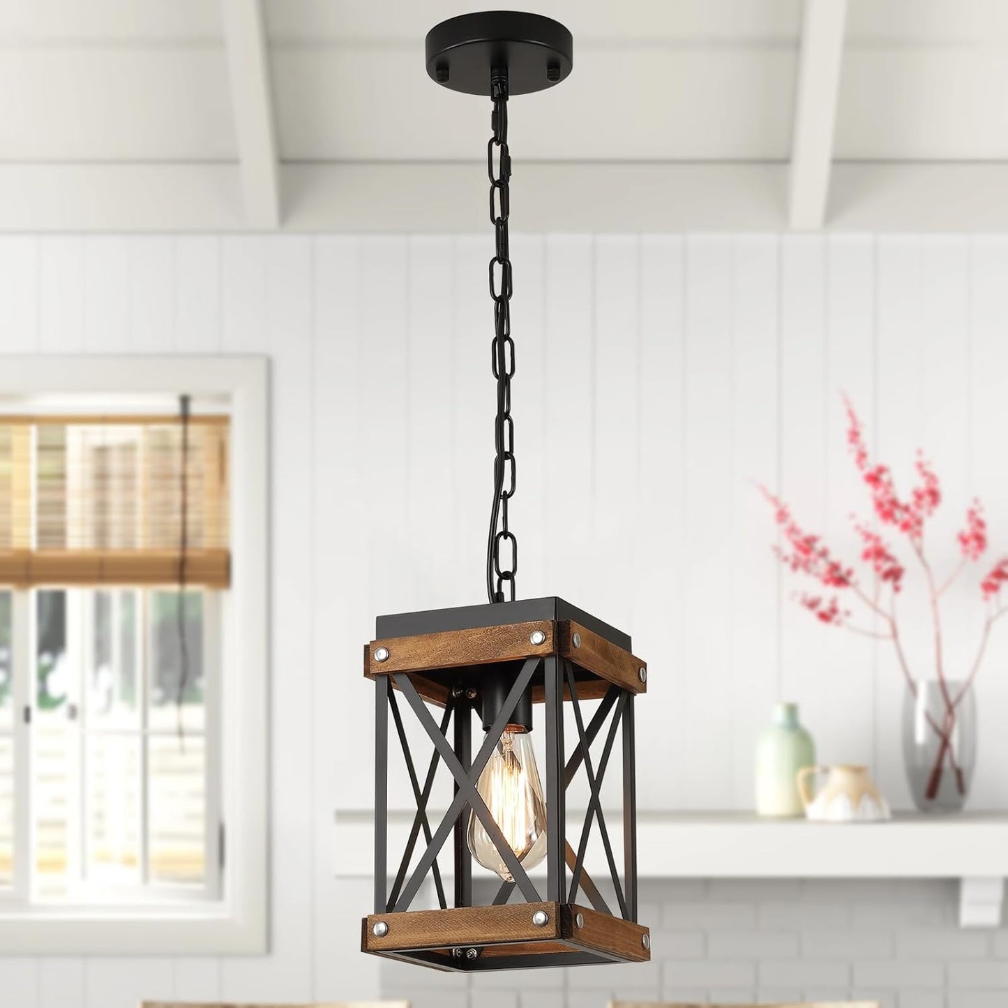Rustic Farmhouse Wood Pendant Light Fixture for Kitchen Island