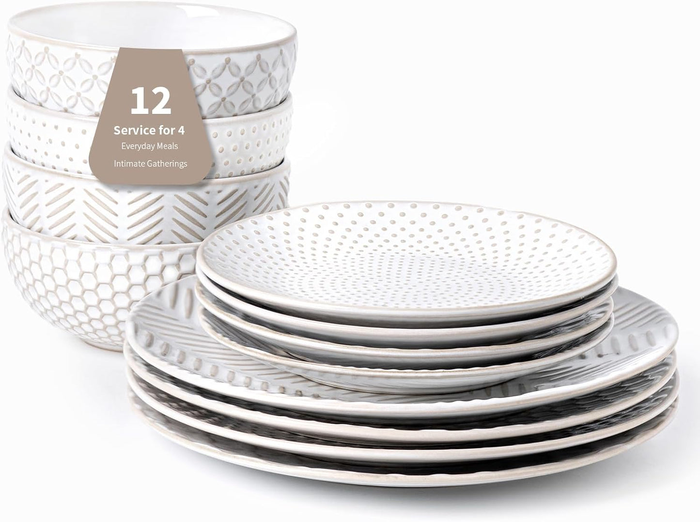 12 Piece Embossed Dinnerware Set for Stylish Home Dining