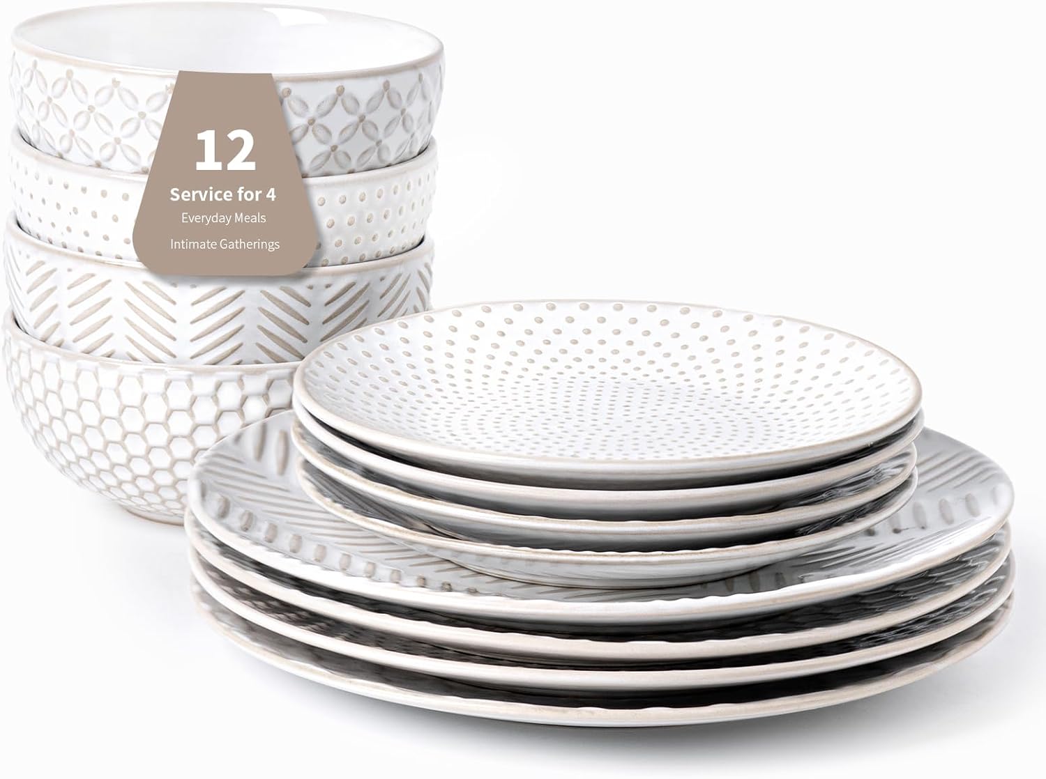 12 Piece Embossed Dinnerware Set for Stylish Home Dining